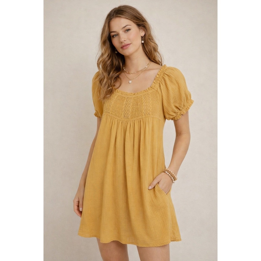 Lulus Always Happy Mustard Yellow Puff Sleeve Mini Dress XS Boho Cottage Prairie